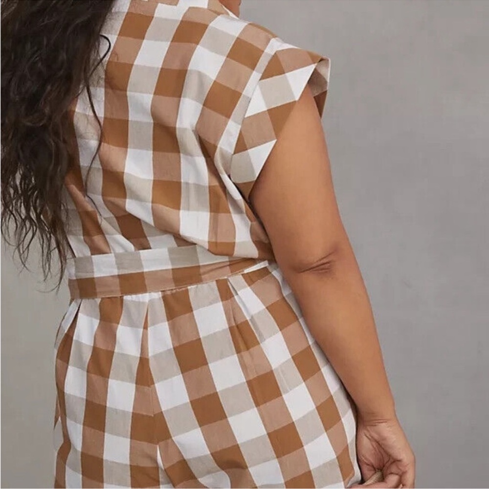 Anthropologie Tan and White Gingham Belted Romper - Picture 6 of 13